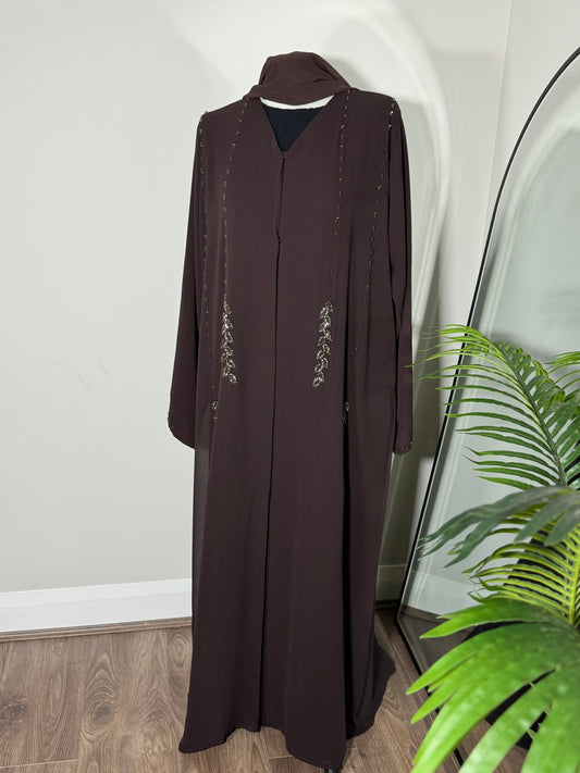 Premium chiffon leaf embellished open abaya - brown